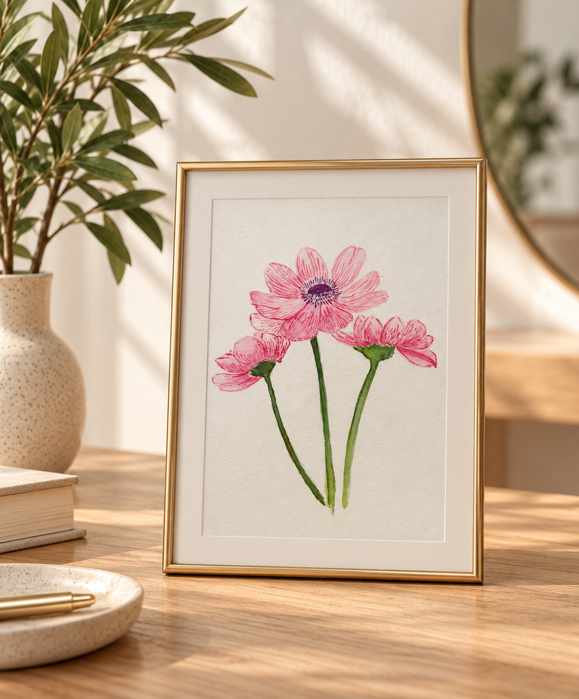 Dazzling pink anemones floral watercolour original artwork