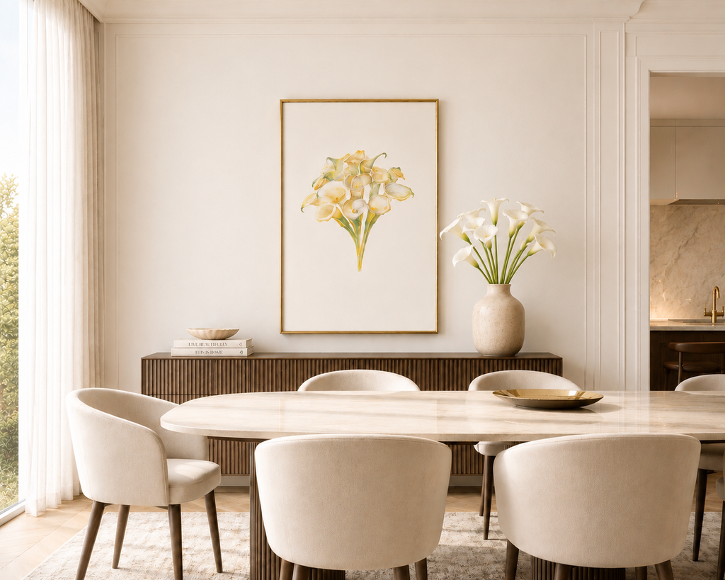 Dining room with a marble table, white chairs, and floral decorations.